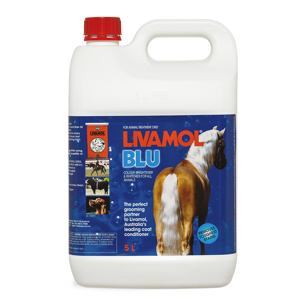 Livamol Blu Horse Coat Supplement Conditioner in white 5L container